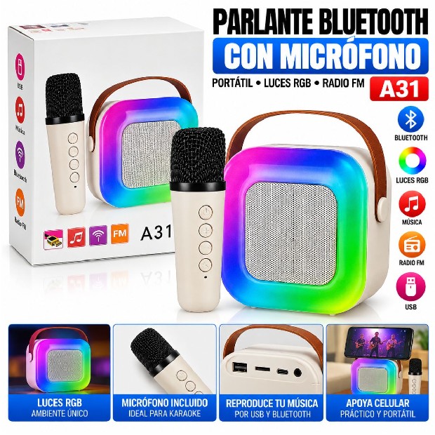 &ua PARLANTE BT + MICROFONO MEGAFONO KARAOKE A31 (5402)